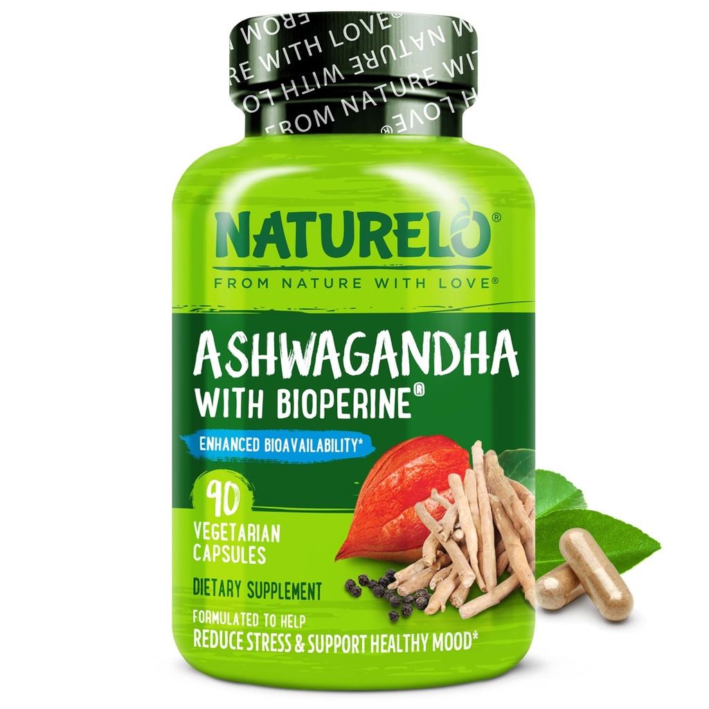 NATUURLO Ashwagandha Biologische Wortelpoeder - Natuurlijke Kruidensupplement voor vermoeidheid, stressverlichting, Mood Enhancer - met Black Pepper Extract - 90 Vegan Capsules