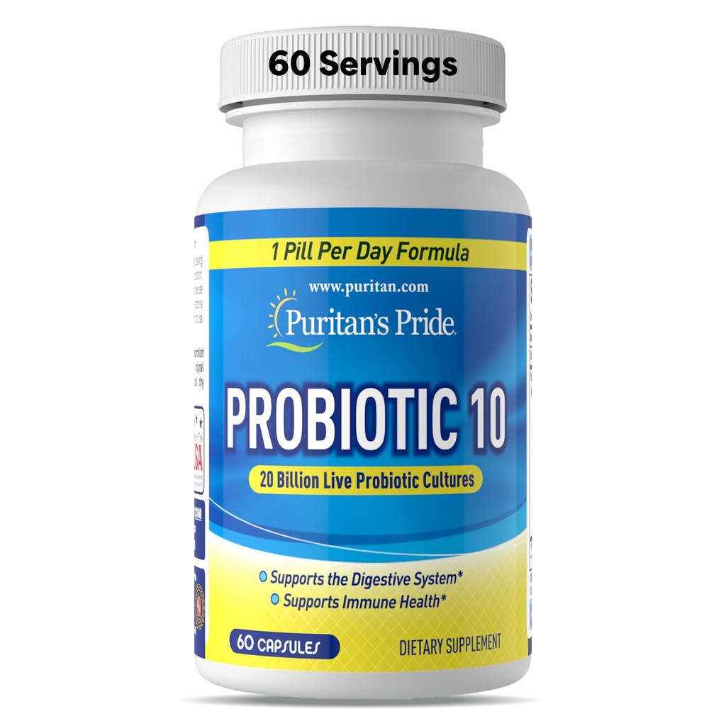 Puritan's Pride Probiotic 10 met vitamine D ter ondersteuning van de gezondheid van het immuunsysteem*, 60 Telling, Wit