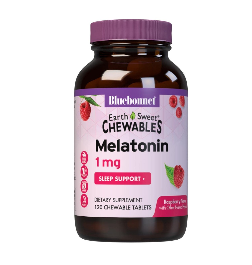 Bluebonnet Voeding EarthSweet Melatonine 1 mg Snelwerkende Snel Oplossen Nachtrust en Rustige Slaapondersteuning - Slaaphulp - Glutenvrij, Veganistisch - Raspberry Flavor - 120 Kauwtabletten