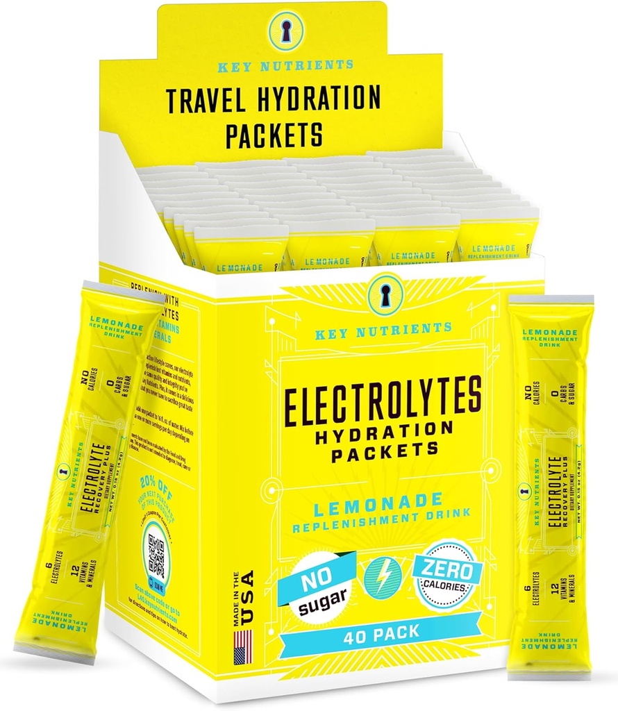 KEY NUTRIËNTEN Multivitamine Elektrolyten Hydration Packets - Verfrissende Limonade Post workout en herstel 40 Pack - Geen suiker, geen calorieën - Travel Hydration Powder