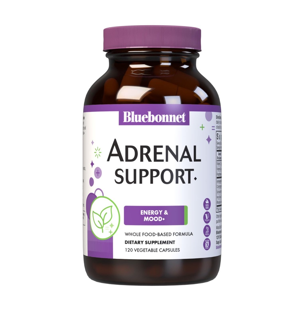Bluebonnet Nutrition Adrenal Support, Energy & Mood*, Non-GMO, Vegan, Kosher Gecertificeerd, Glutenvrij, Sojavrij, Dairy-Free, 120 plantaardige capsules, 60 porties