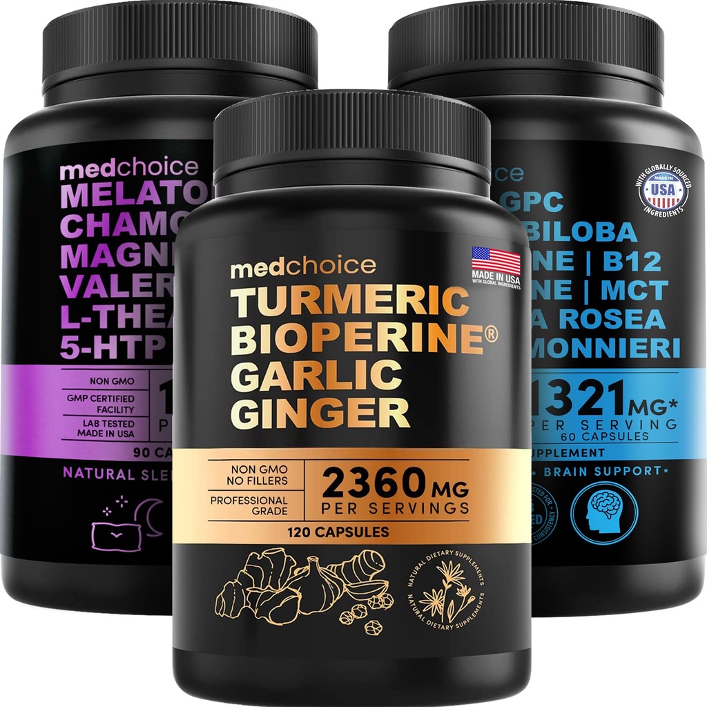 MEDCHOICE Kurkuma & Gember (120ct), Slaap Melatonine (90ct) en Nootropic Brain (60ct) Supplement Bundle - Wellness Trio voor Hersenen, Slapen, & Immuun Support - Veganistisch, Non-GMO, Glutenvrij
