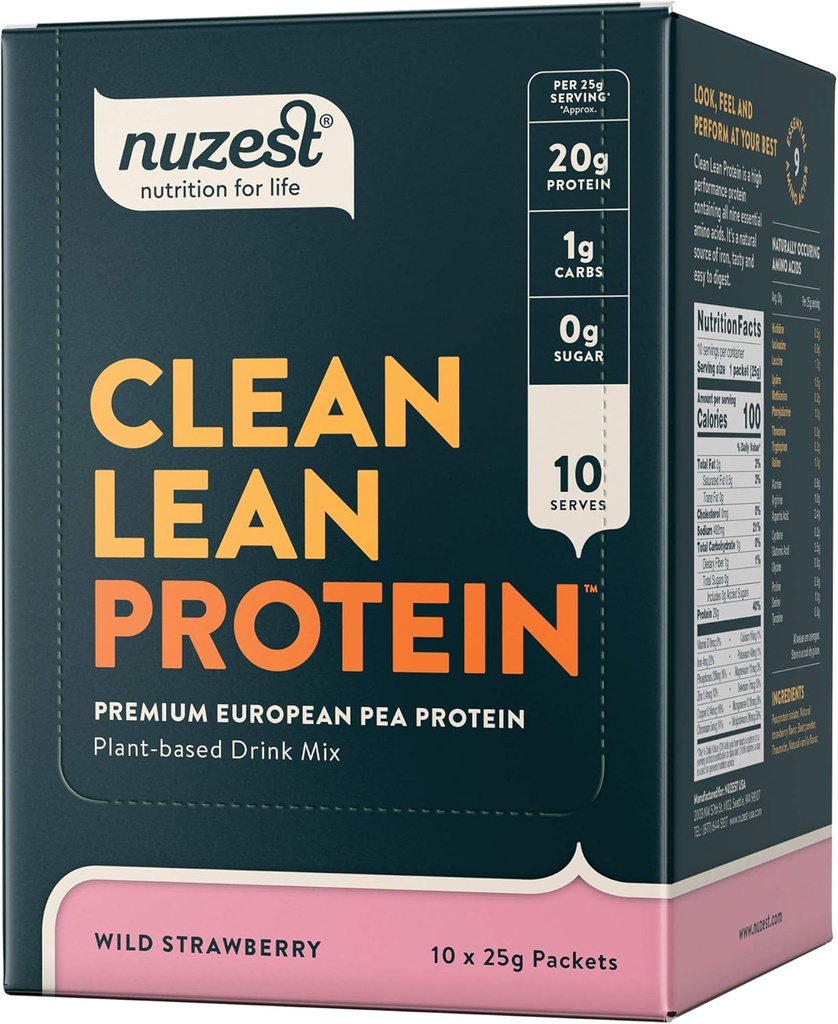 Nuzest - Pea Protein Powder - Clean Lean Protein, Premium Vegan Plant Based Protein Powder, Dairy Free, Glutenvrij, GGO-vrij, Protein Shake, Wild Strawberry, 0,9 oz, (zak van 10)