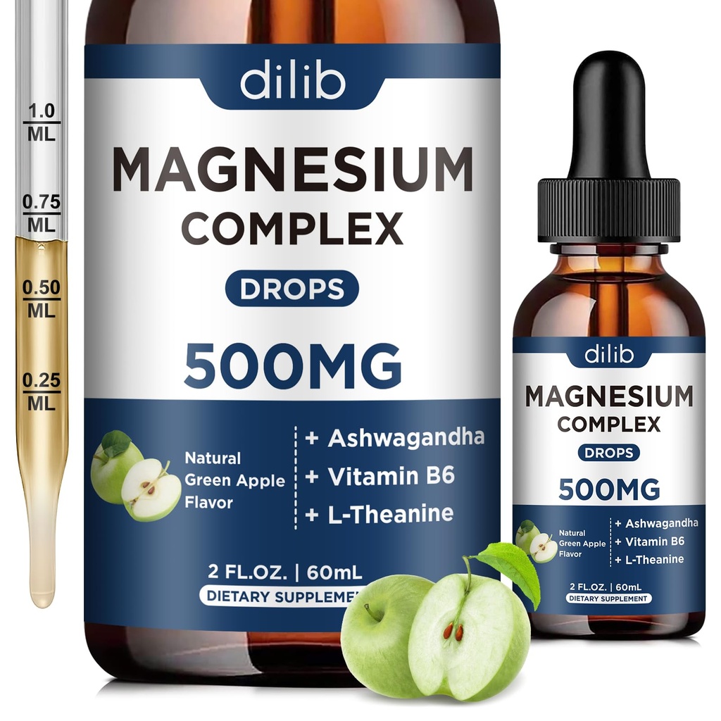 Triple Magnesium Complex Supplement-Magnesium Glycinate, Citrate, Malate Liquid Drops 500mg met Ashwagandha, L-Theanine, B6 voor Kalmte, Stress Relief, Slaap, Spierondersteuning-Groene Apple smaak