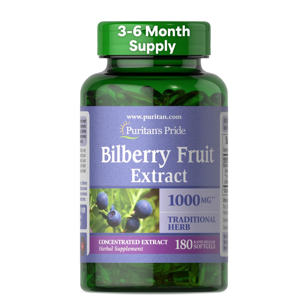 Puritan's Pride Premium Bilberry Fruit Extract 250 mg (1000 mg equivalent), 4:1 Geconcentreerde kruidensupplement, vitamine C, 3 tot 6 maanden Supply, 180 Rapid Release Softgels(Verpakking mei Vary)