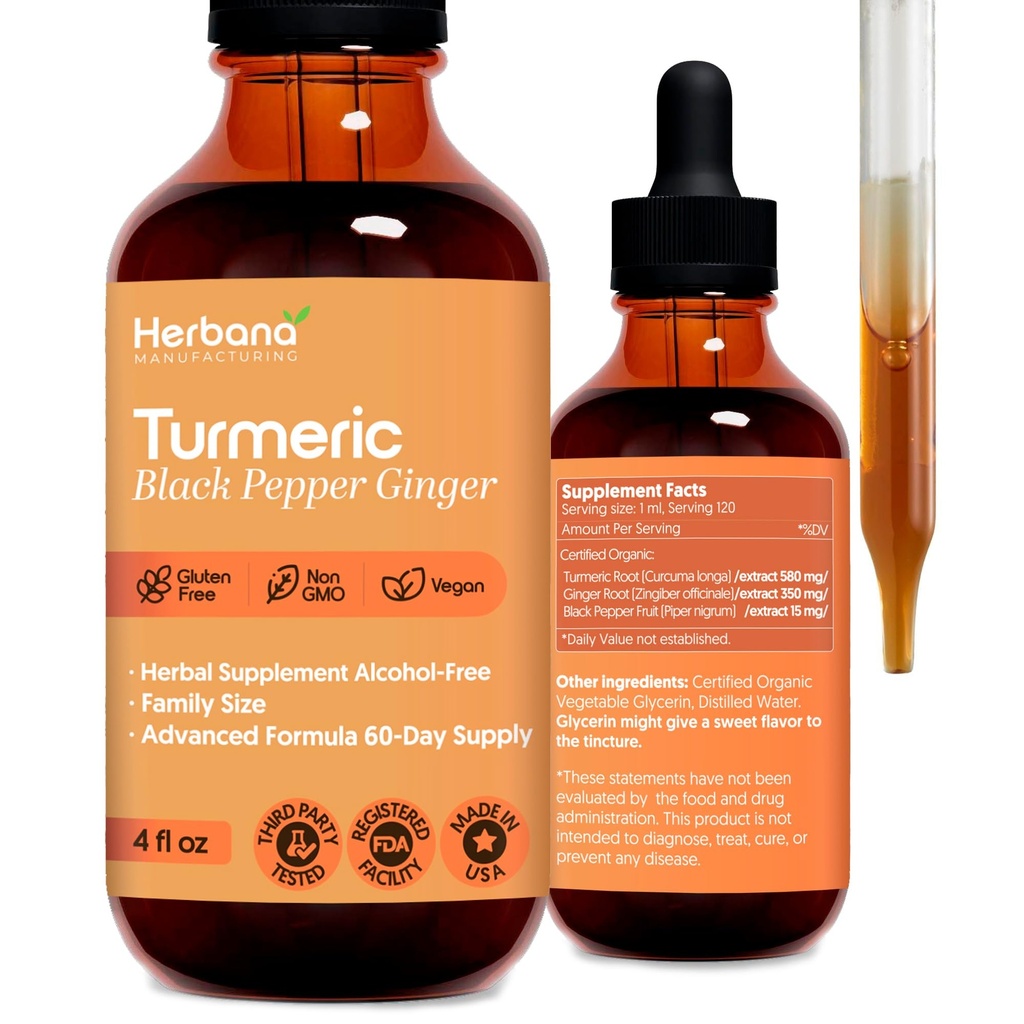 Kurkuma 3-in-1 Liquid Extract - Curcumine & Ginger, Black Pepper - Natural Herbal Supplement - Immune and Brain Booster Tinctuur (2 FL OZ)