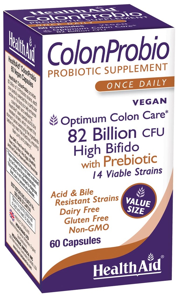 HealthAid ColonProbio 82 Miljard met Prebiotic, 14 Strains, Eenmaal daags, 60ct, Optimum Colon Care, Zuur & Bile Resistant, Zuivelvrij, Glutenvrij, Non-GMO, Hoge Bifido
