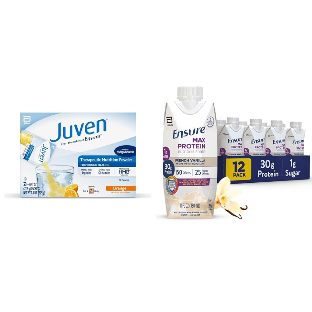 Juven Therapeutische Voeding Drinkmix Powder for Wound Healing, 30 Count + Zorg ervoor Max Protein Nutrition Shake, French Vanilla, 12 Pack