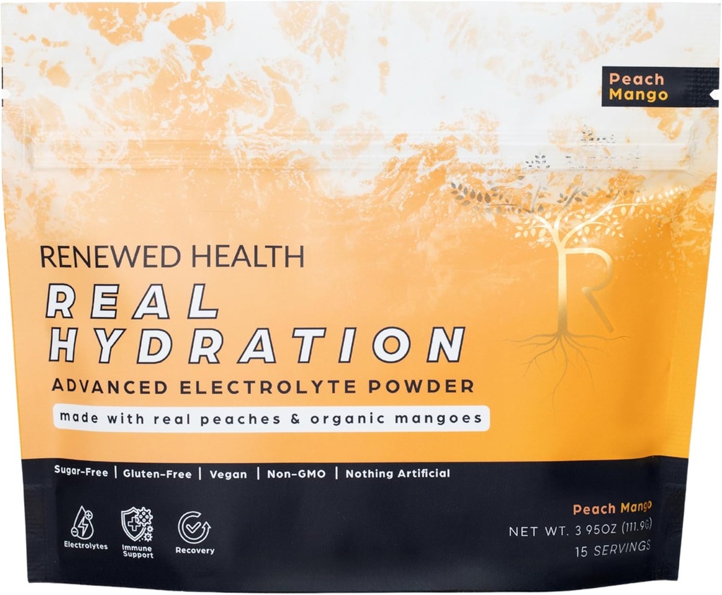 Echte hydratatie - Organische op fruit gebaseerde Electrolytmix - Gemaakt met biologische vruchten en roze zout - Zero Sugar & Vegan - Hydration, Immune & Recovery Support (15 porties, Peach Mango)