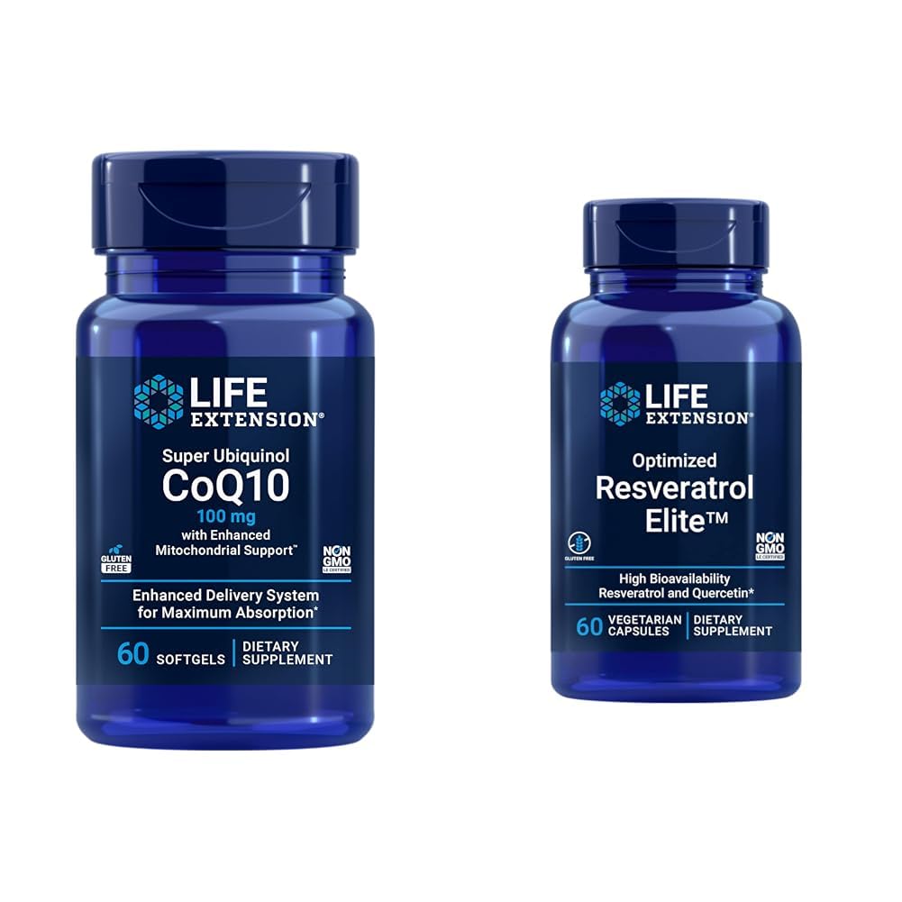 Life Extension Super Ubichinol CoQ10 60 Softgels en geoptimaliseerde Resveratrol Elite 60 Vegetarische Capsules Bundle