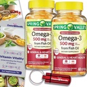 Choice Bundle Spring Valley Fish Oil Omega 3 Fatty Acid Supplement Lemon Softgels 500 mg 60 Ct 2 pk (120 Total) + Vitamin Guide and Pill Container (4 Items)!