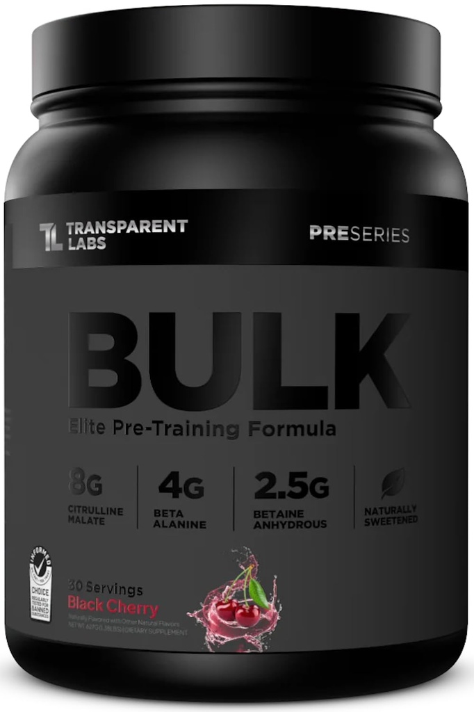 Transparante Labs Bulk Black pre workout - klinisch gedoseerd, suikervrije preworkout voor mannen en vrouwen met Beta Alanine Poeder, Citrulline Malate, & Cafeïne - 30 porties, zwarte kersen