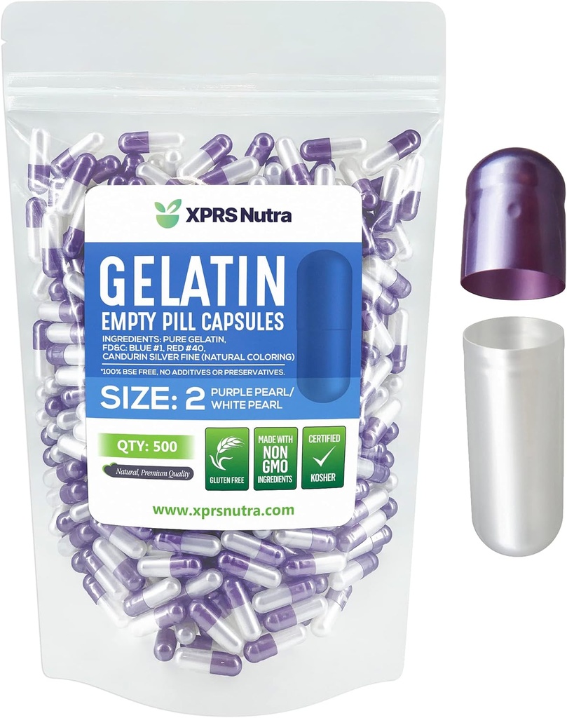 XPRS Nutra Maat 2 Lege capsules - 500 Telle Lege Gelatine Capsules - Pillen DIY Capsule Vulling - Pure Bovine Pill Gel Caps for Do-It-Yourself Supplements (Pearl Purple/White)