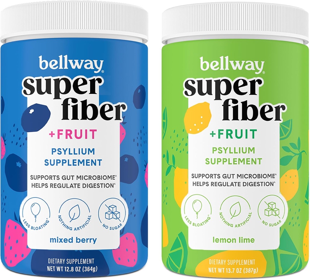 Bellway Super Fiber Powder + Fruit, Suikervrij Biologische Psyllium Husk Powder Fiber Supplement voor Regularity, Bloating Relief & Gut Health, Non-GMO, Mixed Berry & Citroen Lime