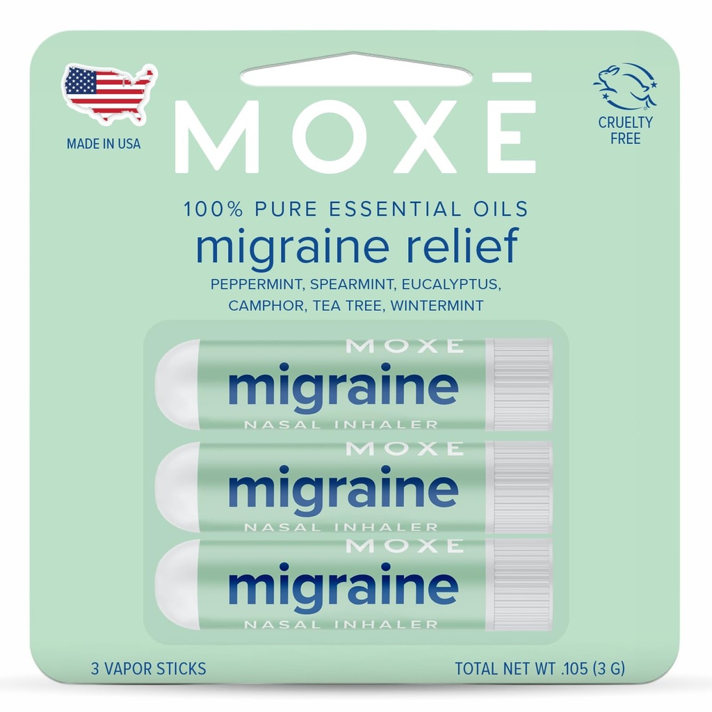 MOXE Migraine Relief Neusinhalatoren, essentiële oliën voor hoofdpijn & spanningsvermindering, draagbare aromatherapie, eenvoudig te gebruiken, zuiver & onverdund, pepermunt, spearmint, eucalyptus, theeboom, USA Made, 3 Pack