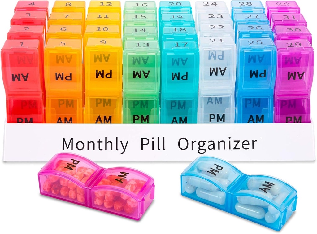 ASprink Maandelijkse pil Organisator 2 keer per dag, 30 Dag één Maand pil Box AM PM,31 Dag pil geval Kleine Compartments om vitamines vast te houden, reis medicijnen Organisator,31 Dag pil Organisator Twee keer per dag