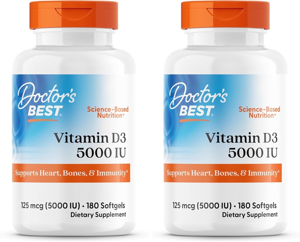Arts BEST Vitamine D3 5000IU, Non-GMO, Gluten & Sojavrij, Reguleert Immune Functie, Ondersteunt gezonde botten, Wit, Geen smaak, 180 Tellen (Pack of 2)