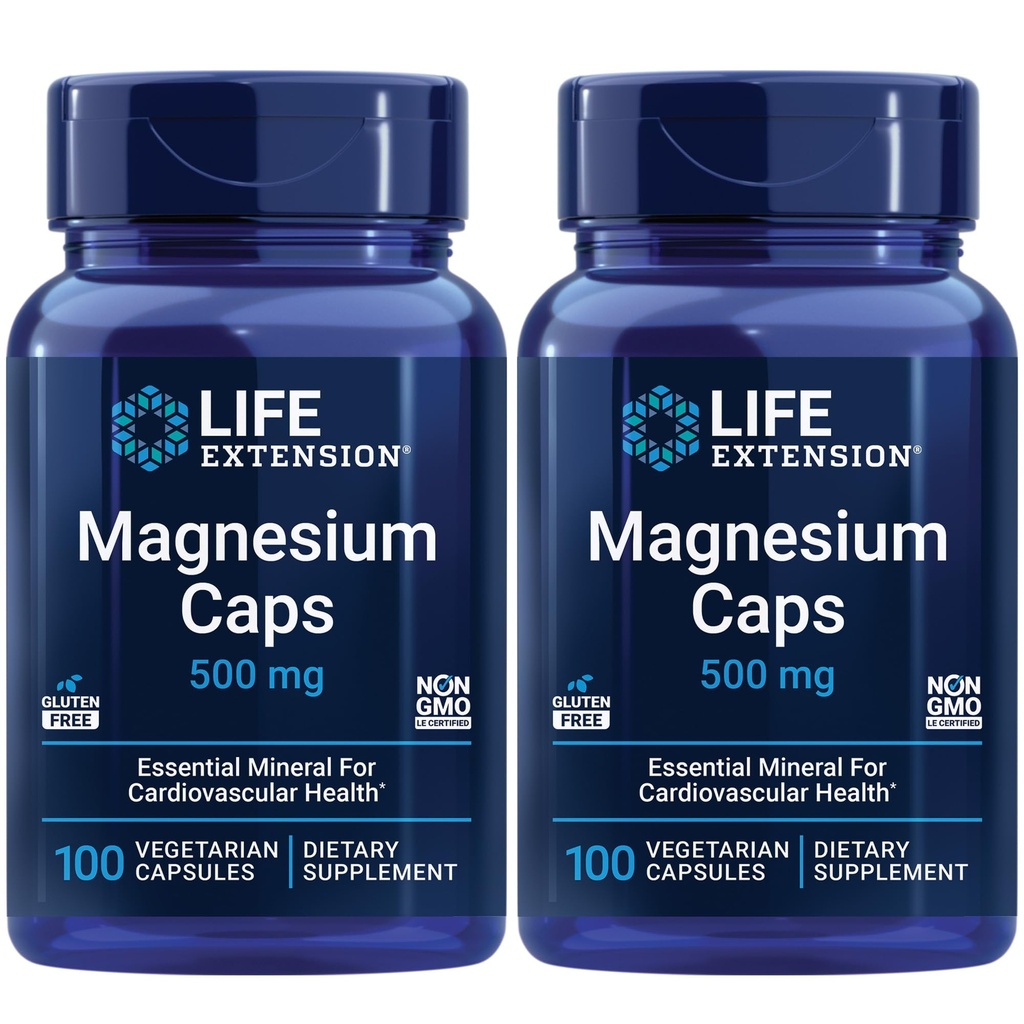Life Extension Magnesium Caps, 500 mg, Magnesium Succinate, Heart Health, Healthy Bones, Metabolisme Support - Verpakking van twee - 2 x 100 Vegetarische Capsules