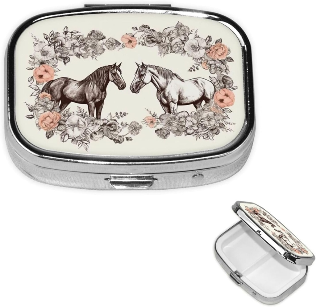 Pillendoos Bloemen en paarden Hand getrokken vierkante pil Case voor Purse & Pocket 2 Compartiment Geneeskunde PillenOrganisator Portable Travel Pillbox Medicine Vitamine Cod Lever Olie Opslag Box