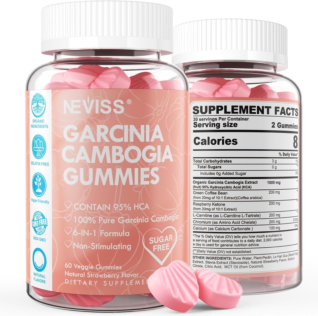 Suikervrije Garcinia Cambogia Gummies 1000mg 95% HCA met L-Carnitine, Raspberry Ketone, Chroom, Groene Koffie Bean voor Metabolisme, Energie Boost, 100% Organisch Extract, Vegan, Aardbei Smaak 120 Ct