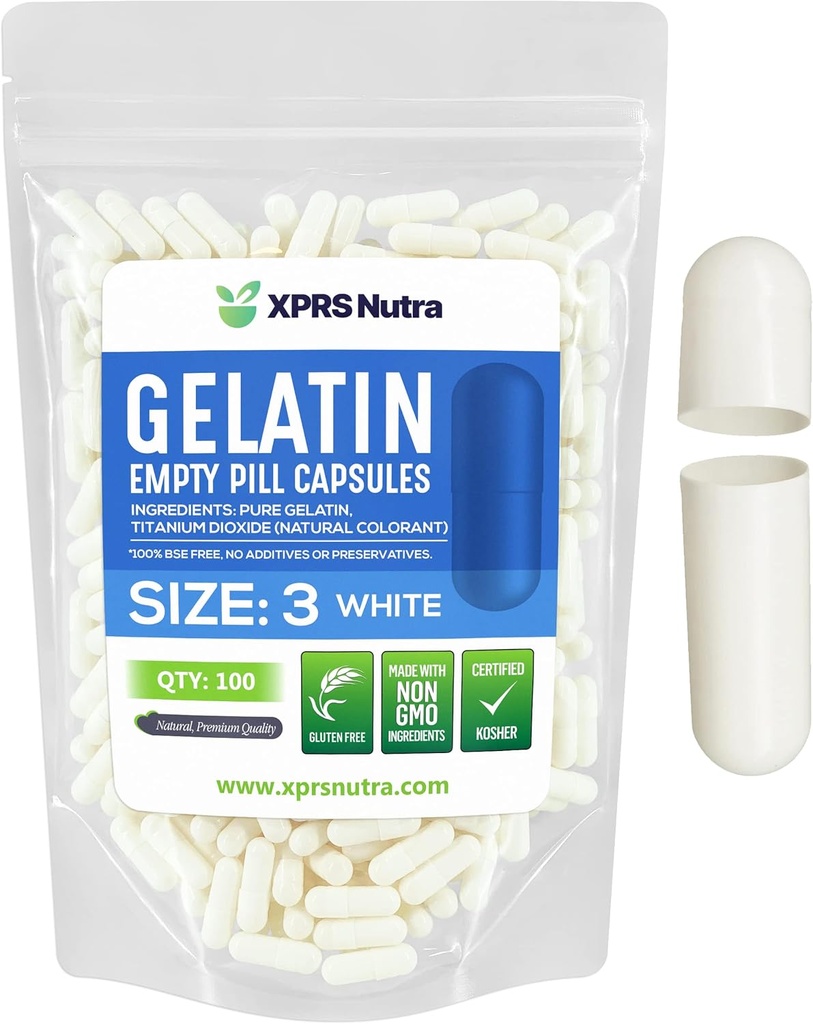 XPRS Nutra Maat 3 Lege Capsules - 100 Telle Lege Gelatine Capsules - Pillen DIY Capsule Vulling - Pure Bovine Pill Gel Caps Vulbare Do-It-Yourself Vitaminen en Supplementen (White)