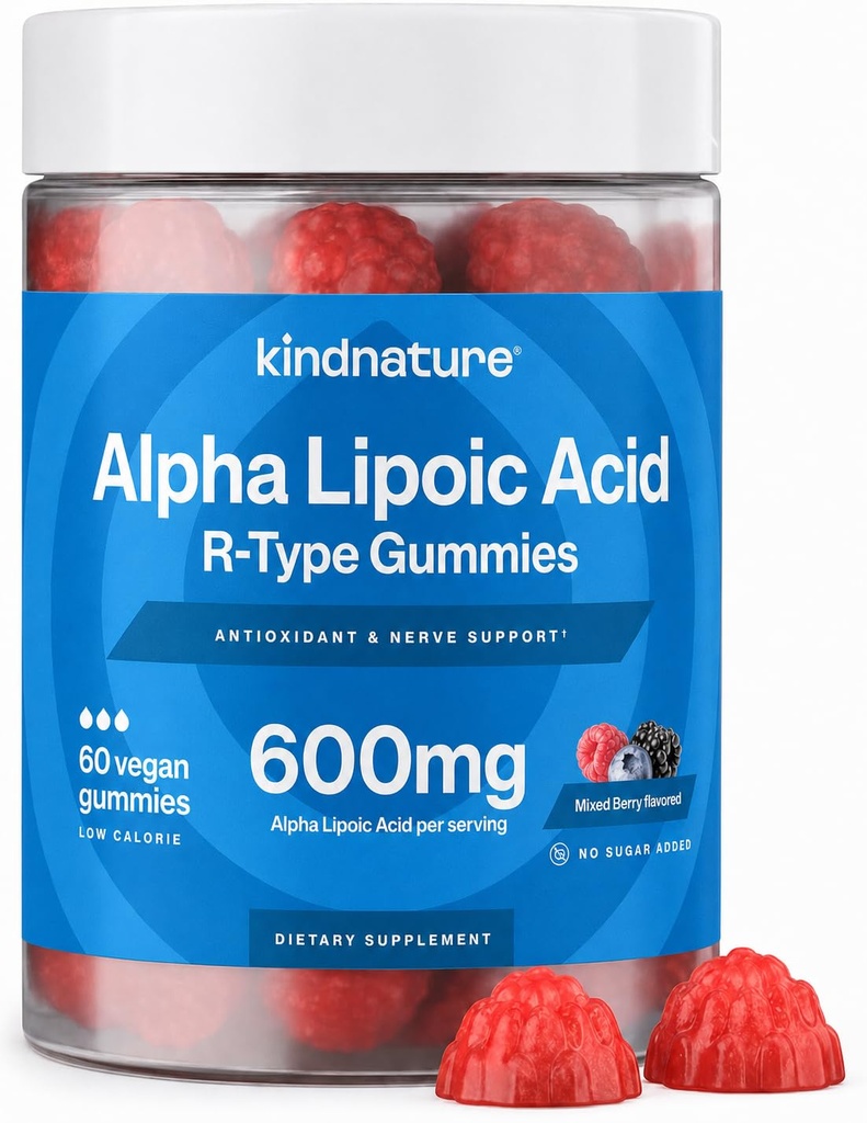 kindnature Alpha Lipoïnezuur Gummies - Neuropathie Supplementen - Vegan, Sugar-Free, Low Calorie 600 mg ALA Supplement - Pure ALA Alpha Lipoïnezuur 600 mg voor Antioxidant Voedingssupplementen