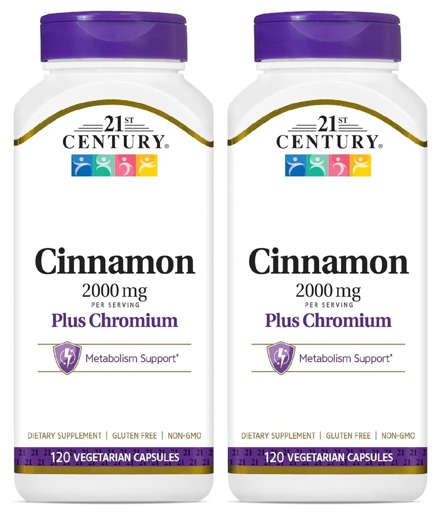 21st Century Cinnamon 2000 mg Per Serving Plus Chroom Vegetarische Capsules 120 Telling - Verpakking van 2