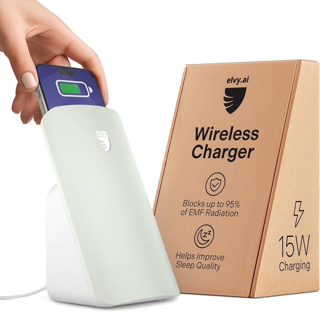 Elvy Fast Qi Wireless Charger voor mobiele telefoons - Ontworpen met EMF management technologie voor verbeterde opladen, geavanceerde milieubescherming, Lab Tested by Ordos Tech, 2023 (Mint Green)