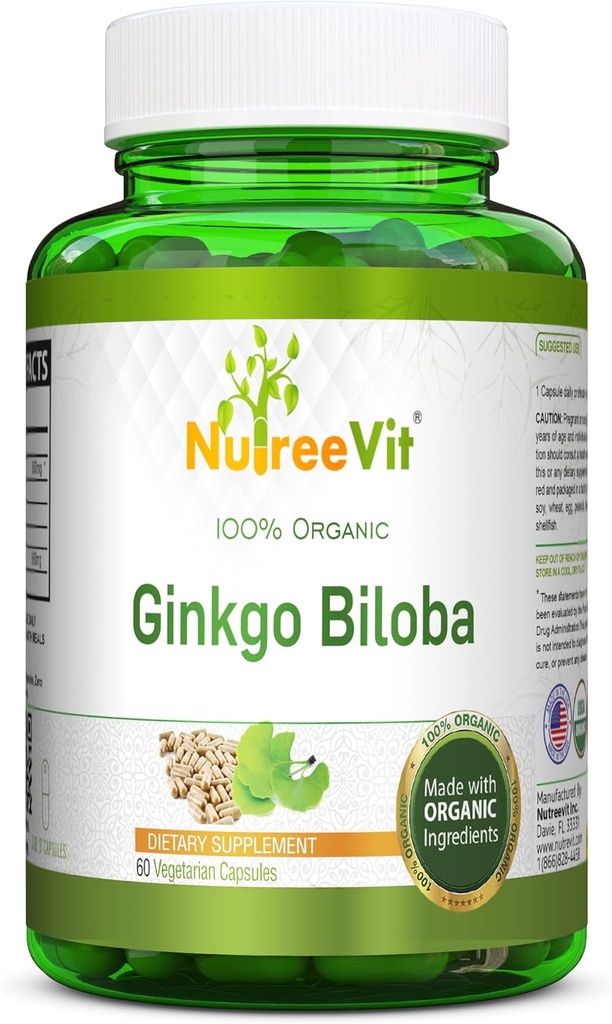 NutreeVit 100% Biologische Ginkgo Biloba Capsules - Ondersteunt Hersengezondheid, geestelijke alertheid, Circulatie, en verhoogt het geheugen - Biologische Antioxidant - 100 Telfles