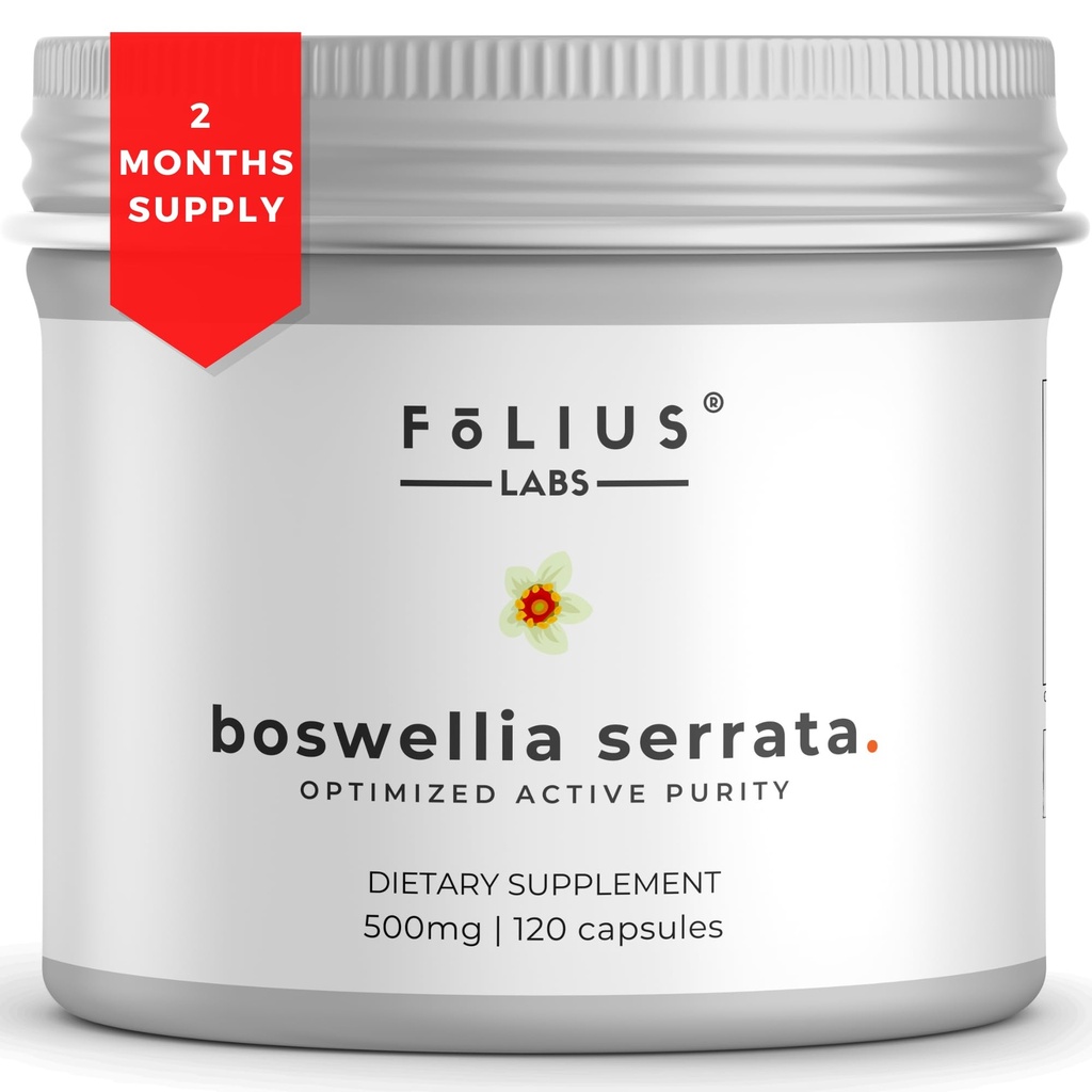FOLIUS LABS Boswellia Serrata Extract Supplement 500mg - Gezonde gezamenlijke ondersteuning, spierverlossing Ondersteuning - 65% Boswellic Acids - Uit het Indiase Olibanum/Frankincense, 120 Caps