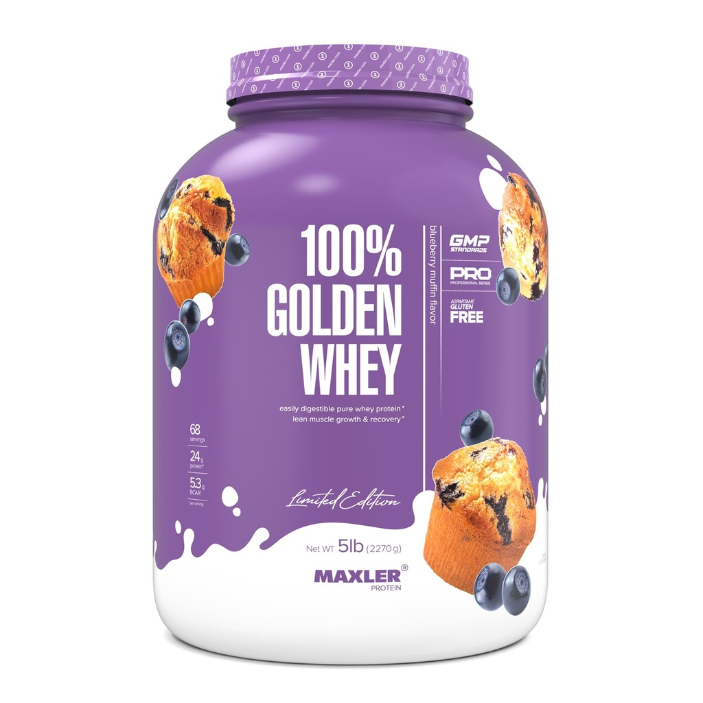 Maxler 100% Golden Whey Protein - 24g eiwit per portie - Premium Wei Proteïne Poeder voor Pre Post Workout - Fast-Absorbing Wei Concentrate, Isolaat & Hydrolysaat Blend - Blueberry Muffin 5 lb