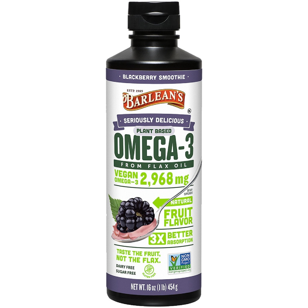Barlean's Vegan Omega 3 6 9 Vlaszaad Oil Liquid Supplement, BlackBerry Smoothie, Vlaszaadolie, 2,968 mg ALA vetzuur, niet-GMO en glutenvrij, 16 oz