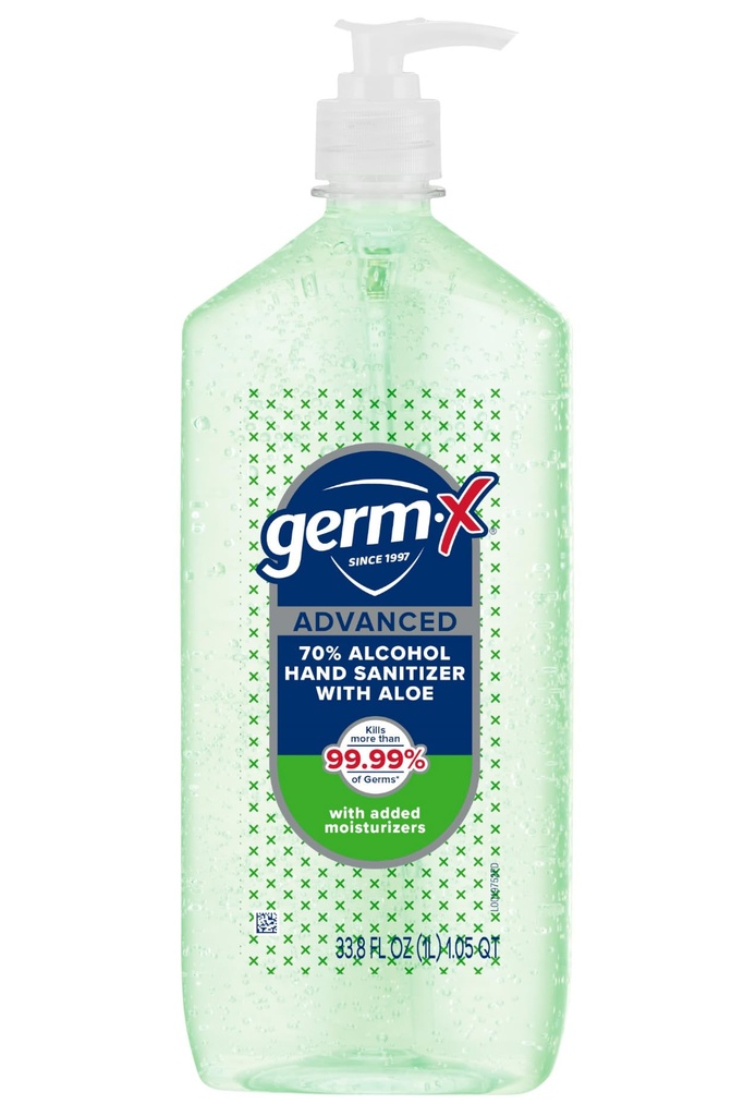Germ-X Advanced Hand Sanitizer met Aloë en Vitamine E, Niet-drogende Moisturizing Gel, Instant en Geen Rinse Formule, Pump Bottle, Terug naar School Supplies, 1 Liter
