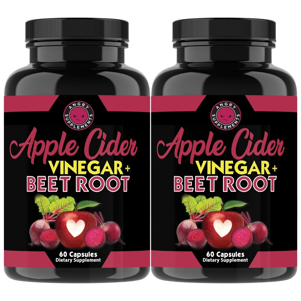 Angry Supplementen Apple Cider Vinegar + Beetwortelpoeder Capsules, Pure ACV Beetwortel 1000mg per Serving, Nitric Oxide Booster & Digestieve Gezondheid voor mannen en vrouwen 60ct, 2 Pack (120ct Totaal)