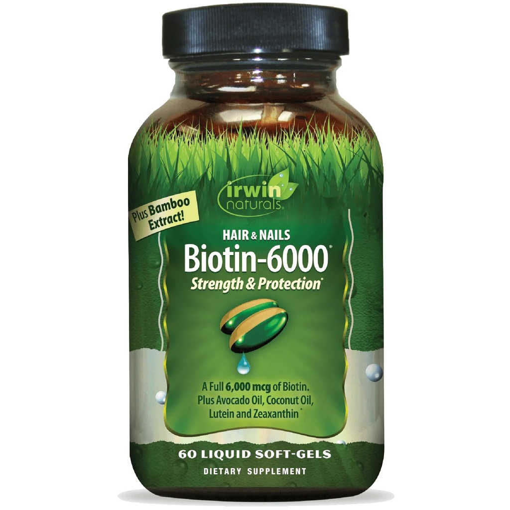 Irwin Naturals Biotin-6000 ondersteunt gezonde huid, haar & Nails - 60 vloeibare softgels - kracht + bescherming met hoge potentie 6000 mcg, Bamboe, Avocado, Kokosnoot & Meer - Maximale absorptie
