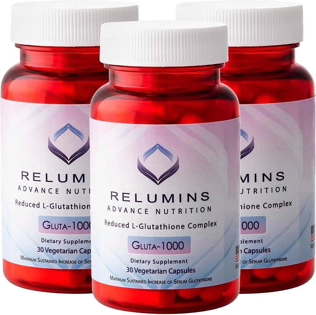 Relumins Advance Nutrition Gluta 1000 - Verminderde L-glutathion, Alpha Lipoïnezuur en Rose HIPS, Antioxidant Ondersteuning voor de huid en de algehele wellness, Made in USA - 30 Capsules x 3 Flessen (45-dagen levering)