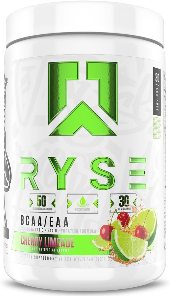 RYSE BCAA EAA Powder - Cherry Limeade - 5g Branched Chain Amino Acids, 3g Essential Aminos, Sugar-Free Electrolytes for Pre & Post Workout Muscle Recovery, Hydration and Strength - 30 Servings