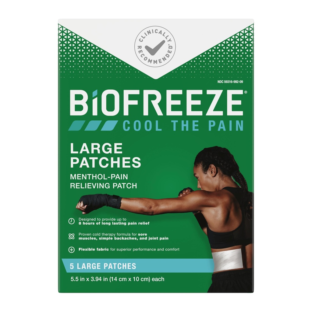 Biovries Large Pain Relief Patches, Menthol Pain Patches voor onderrug, nek, knie, & schouder, comfortabele en flexibele stof blijft op zijn plaats, FSA in aanmerking komen, 5 ct