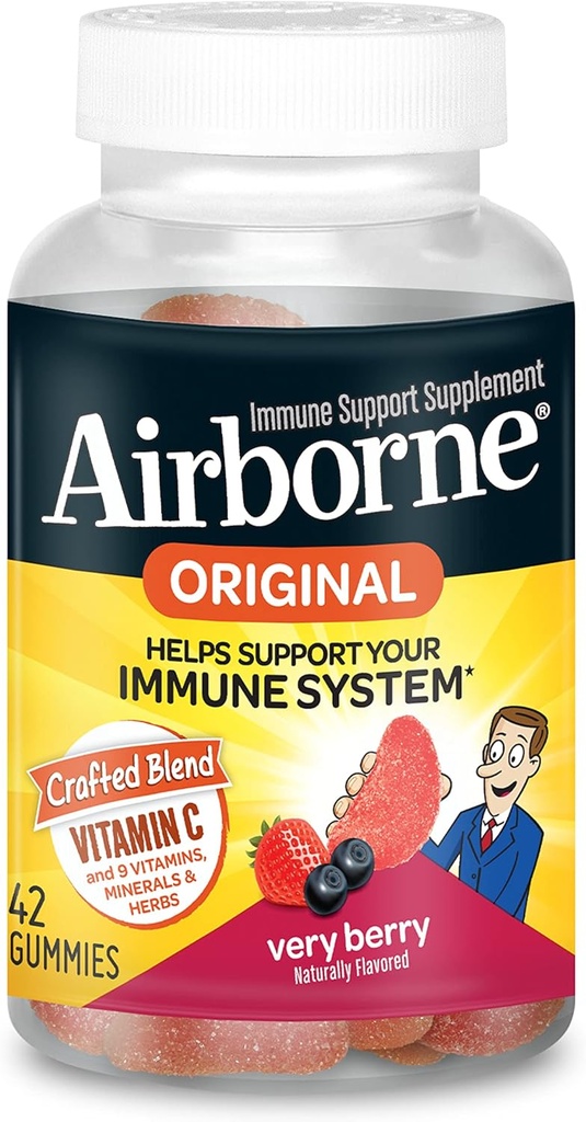 Airborne 750mg Vitamine C Gummies voor volwassenen, Immuun Ondersteuning Supplement met krachtige antioxidanten Vitaminen C & E - 42 Gummies, Zeer Berry Flavor