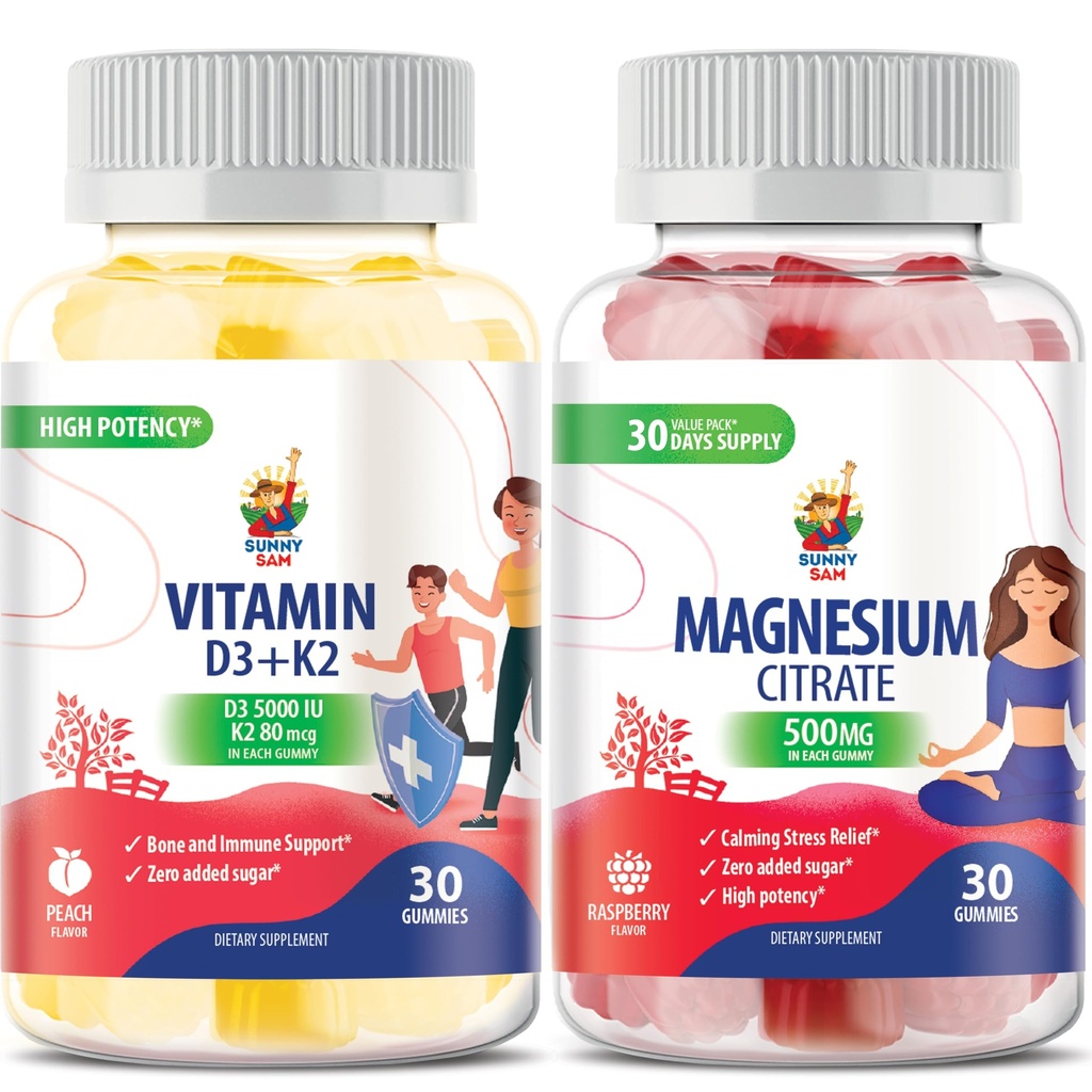 Magnesium Gummies for Kids & Adults - 500mg and Vitamin D3 K2 Gummies 5000 IU.Calm Magnesium Chews - Magnesium Citrate Chewable Supplement for Mood & Muscle Support