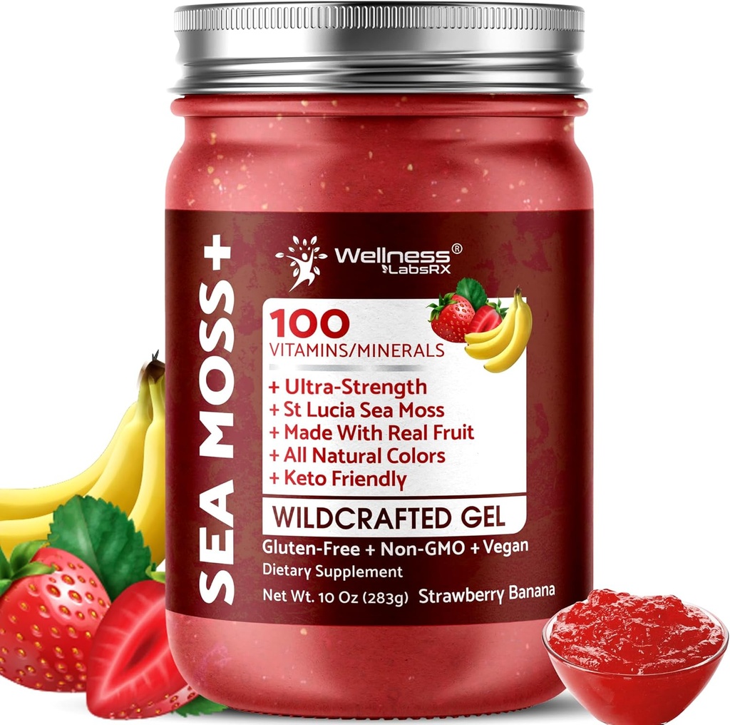 Irish Sea Moss Gel Raw - Wildcrafted Superfood Seamoss Gel - Aardbei Banaan Smaak, Vitamine en Mineral-Rich van Pristine Caribbean Waters, Immune en Digestief Gezondheid Ondersteuning - 10 oz.