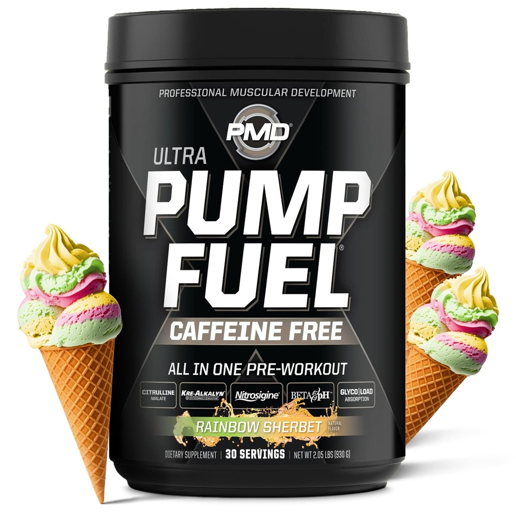 PMD Sports Pump Fuel Ultra Cafeïne Gratis - Premium Pre-workout Poeder & Muscle Pump, Grotere Focus, Endurance & Recovery, Premium Creatine, Arginine & Beta Alanine - Rainbow Sherbet (30 Servers)