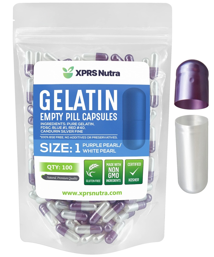 XPRS Nutra Maat 1 Lege capsules - 100 Telle Lege Gelatine Capsules - DIY Capsule Vulling - Pure Bovine Pill Gel Caps for Do-It-Yourself Supplements (Pearl Purple/White)