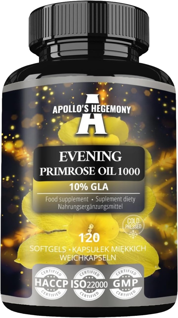 APOLLO'S Hegemony Avond Primrose Oil 1000 mg met vitamine E - Bevat 100 mg GLA-zuur - 120 Softgel Capsules - 4 maanden Supply - Dieetsupplement ter ondersteuning van Hormonale balans en huidgezondheid