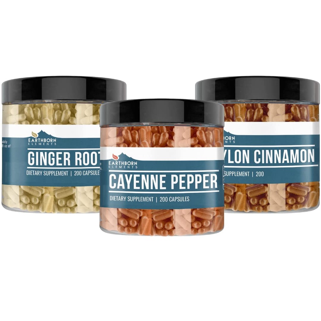 Earthborn Elements Cayenne Pepper, Ceylon Cinnamon & Ginger Root Bundle (200 capsules elk), Pure & Onverdund, Geen additieven
