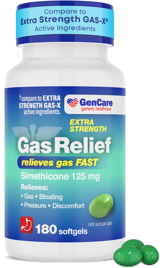 GenCare -Extra sterkte gasrelief Simethicone 125 mg (180 Softgels) Maximale sterkte anti-gas pillen voor opgeblazen verlichting, druk en ongemak - Vergelijk met Generieke extra sterkte gas X