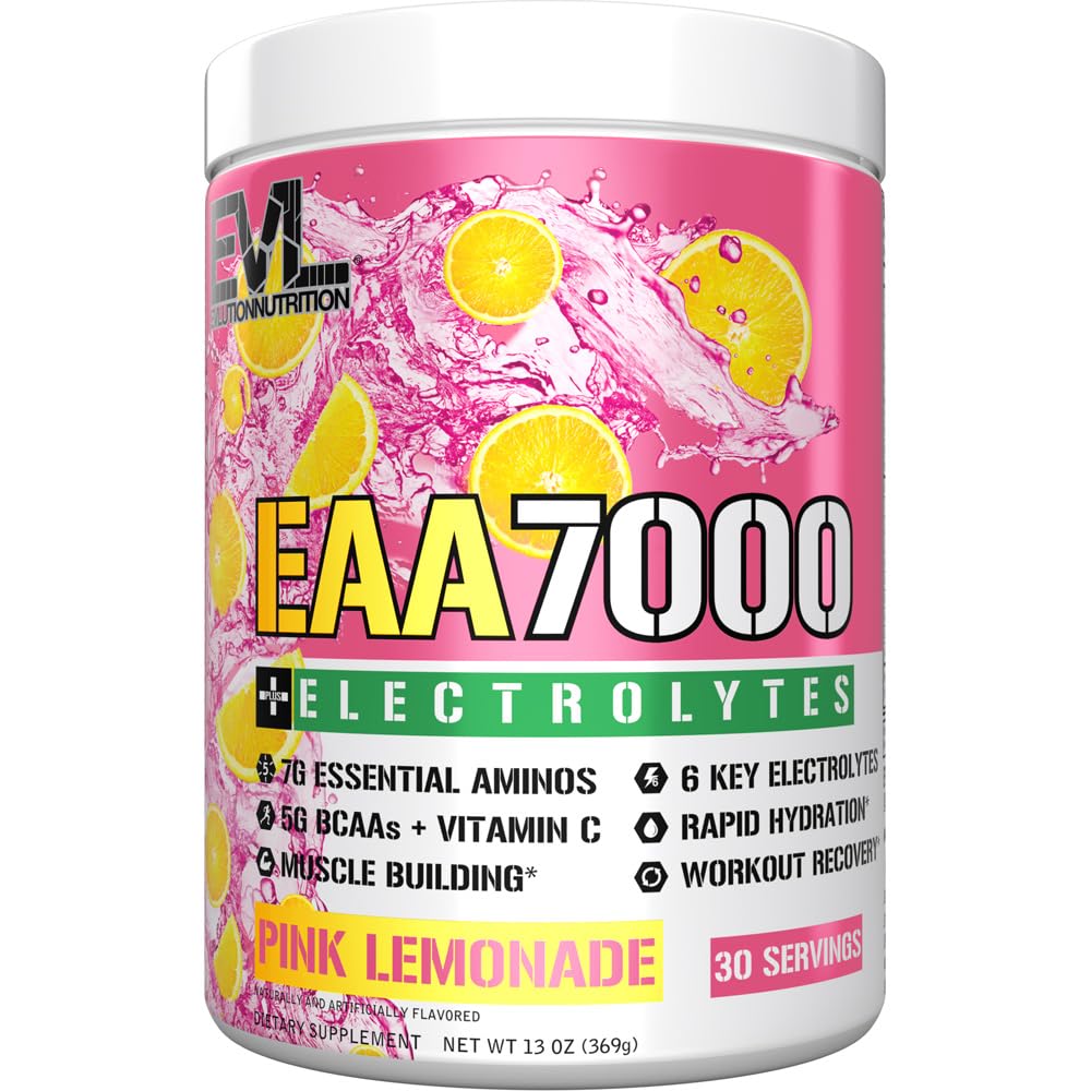 Evlutie Voeding EAA7000 + Elektrolyten - Pre & Post Workout Powder - Muscle Building + Recovery Supplement - 7g EAAs + 5g BCAAs + 6 Key Electrolytes - Snelle Hydration - 30 Servings - Pink Limonade