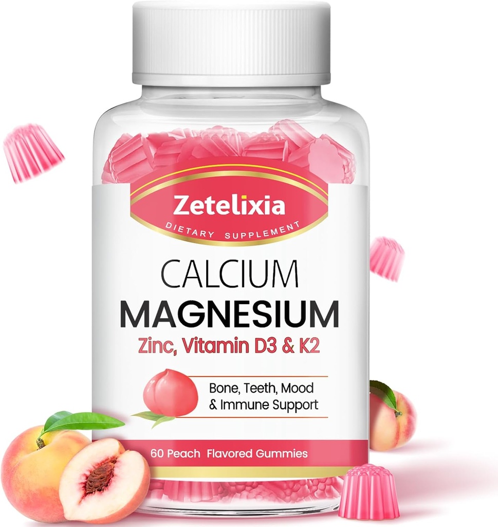 Suikervrij Calcium Citroen Gummies, Calcium Magnesium Gummies met Vitamine D3 & K2 voor Bones Spieren en gewrichten, Perzik smaak - 60 Ct