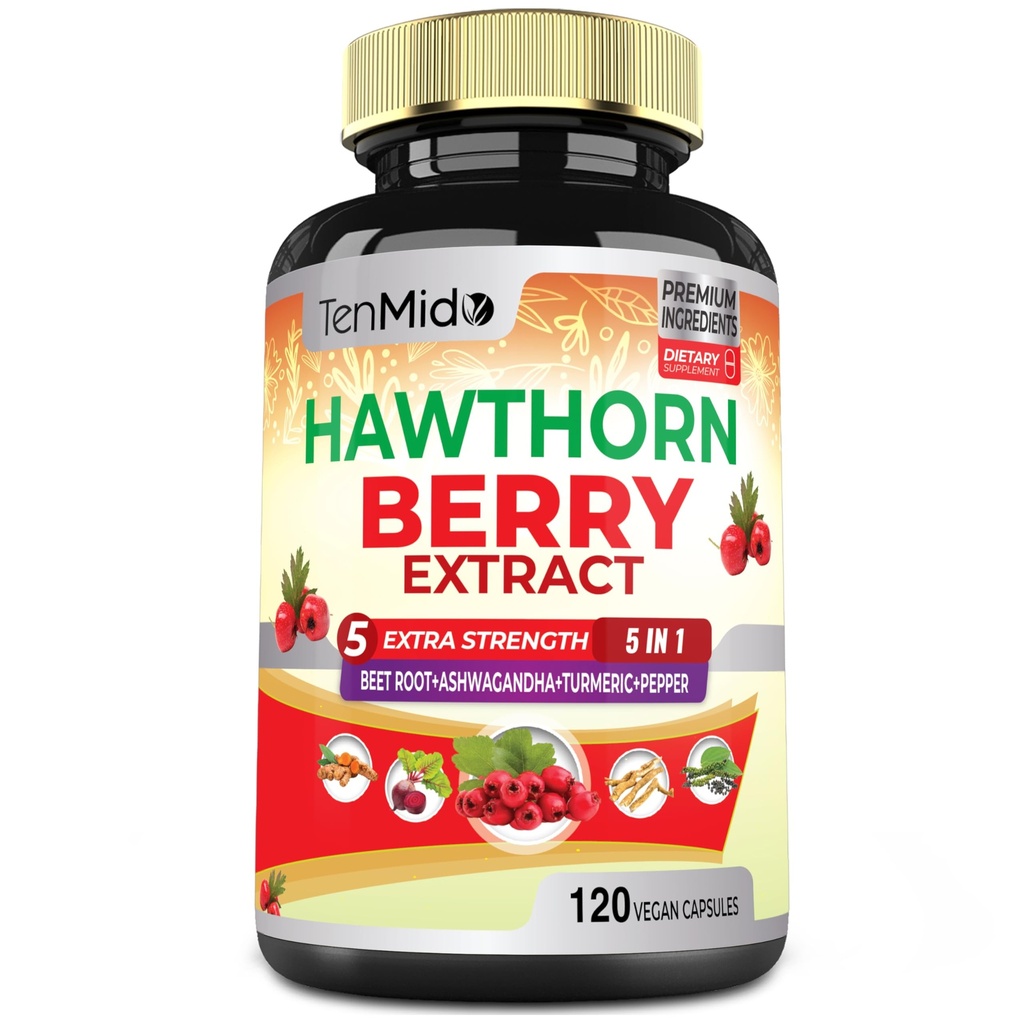 Hawthorn Berry Supplement Extract Capsules - 120 Vegan Capsules gedurende 4 maanden - Gecombineerde bietenwortel, Ashwagandha, Kurkuma Curcumin & Black Pepper