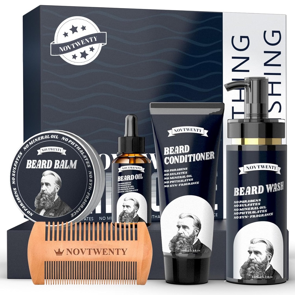 Beard Growth Kit - Mobiuty Men's Beard Care Kit with Natural Ingredients, Includes Beard Wash, Beard Oil, Beard Conditioner, Beard Balm and Beard Comb, Gift Set for Boyfriend Husband Fathers